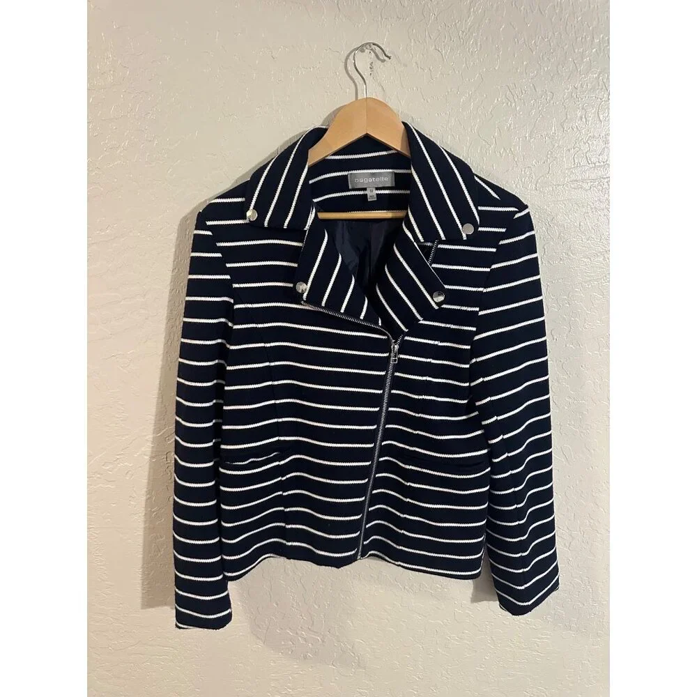 Bagatelle Y Navy & White Pocketed Striped Zipper Moto Sweater Jacket - Picture 2 of 13